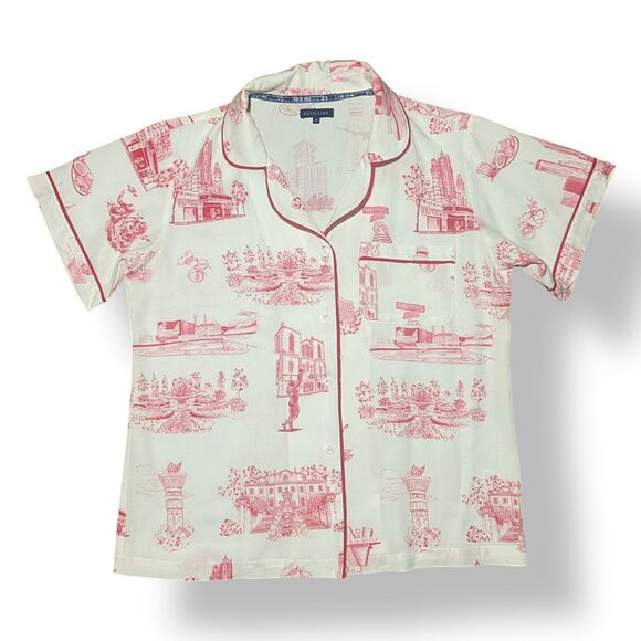 Katie Kime Atlanta Toile Pajama Pants Lounge Set Size M White Red Short Sleeve - Picture 3 of 13